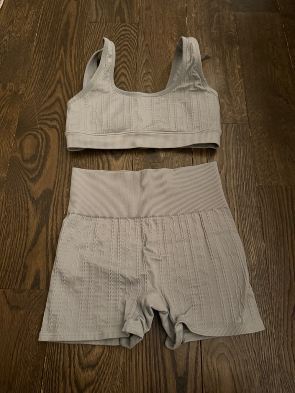 ALO Yoga Women's Cable-Knit Bike Shorts and Sports Bra Set in Light Blue